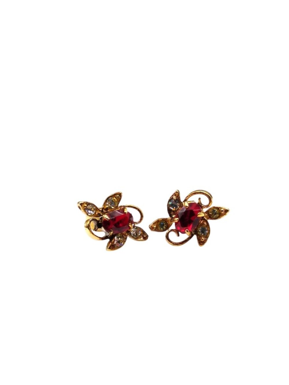 Vintage Dainty Crystal Flower Earrings, Tiny Studs with Red and White Floral